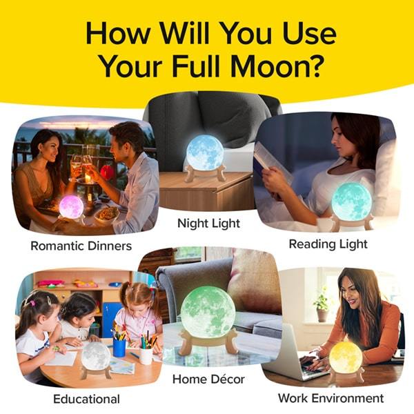 Demonstration of people using Full Moon Lamp. Headlines say How Will You Use Your Full Moon, Romantic dinners, night light, reading light, educational, home decor, work environment