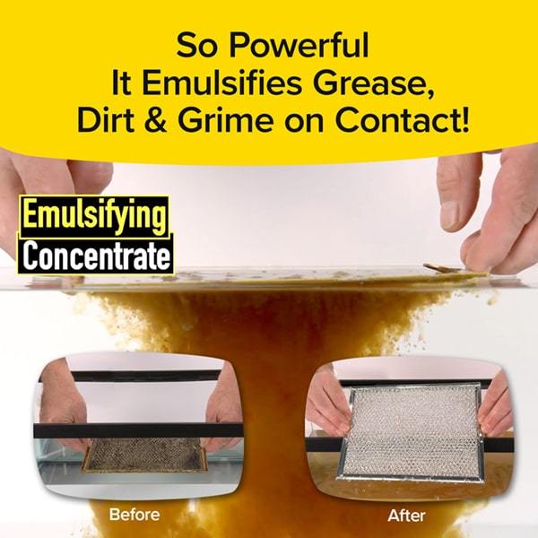 Before and after of a exhaust fan grate with caked-on grease. During show grease falling off grate. After shows grate sparkling. Headline says So Powerful It Emulsifies Grease, Dirt & Grime on Contact