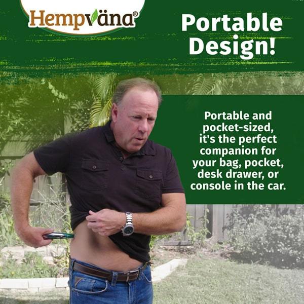 Man holding his shirt up and using Rocket Relief on his side. Text says 'Portable and pocket sized, it's the perfect companion for your bag, pocket, desk drawer, or console in the car 