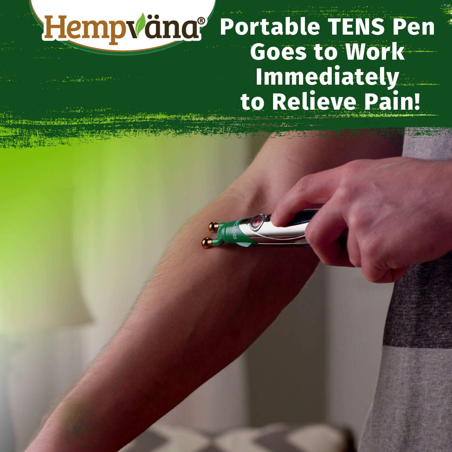 Close up of man using Rocket Relief on his arm. Text says 'Portable TENS Pen Goes to Work Immediately to Relieve Pain!'