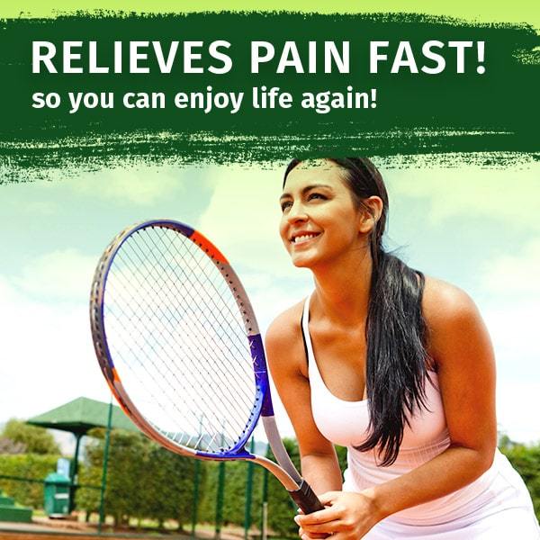 Woman in white playing tennis. Relieves Pain Fast! So you can enjoy life again!