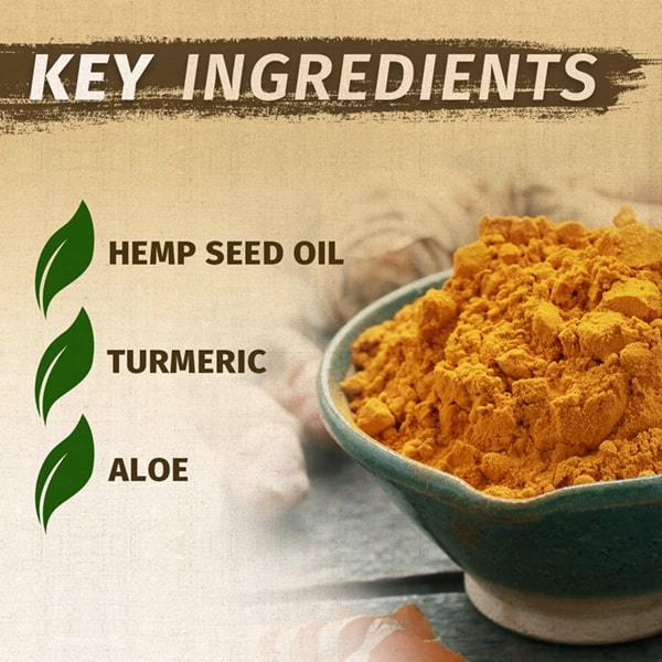 Key ingredients: bowl of turmeric to the right of frame; Hemp seed oil, turmeric, and aloe