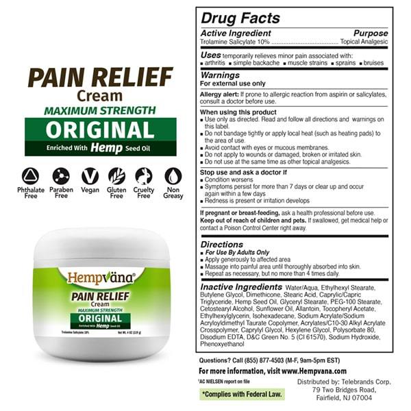Hempvana Pain Relief Cream Drug Facts label with customer service and website information. Text reading "complies with federal law"