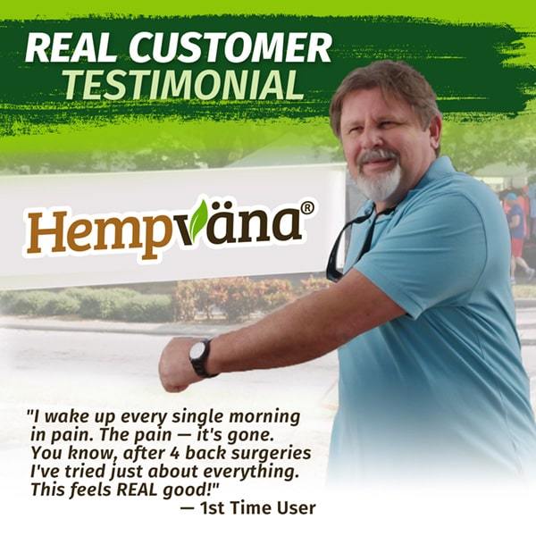 Customer testimonial for Hempvana Pain Cream with a man in a blue shirt