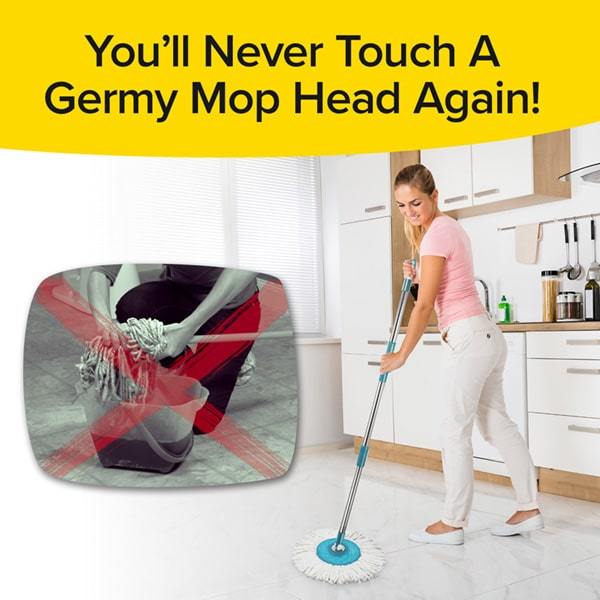 Woman using Hurricane Spin Mop in kitchen. Text reads You'll Never Touch A Germy Mop Head Again!