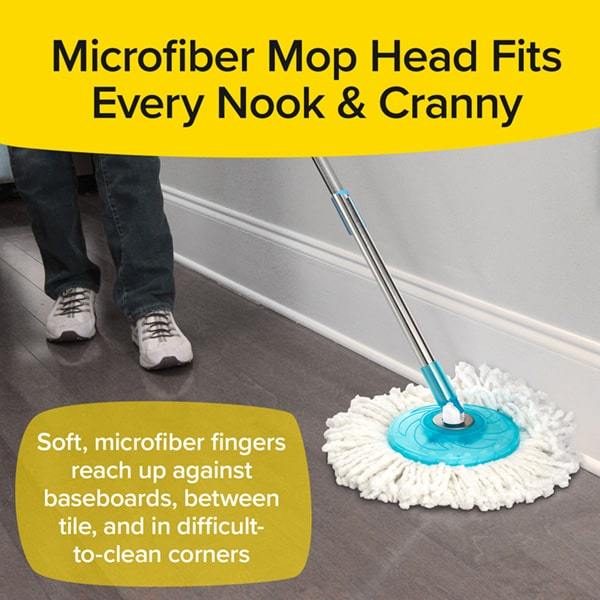 Close up of Hurricane Spin Mop in use on hardwood floor. Text says Microfier Mop Head Fits Every Nook and Cranny. Sofy, Microfiber fingers reach up against baseboards, between tile, and in difficult to clean corners