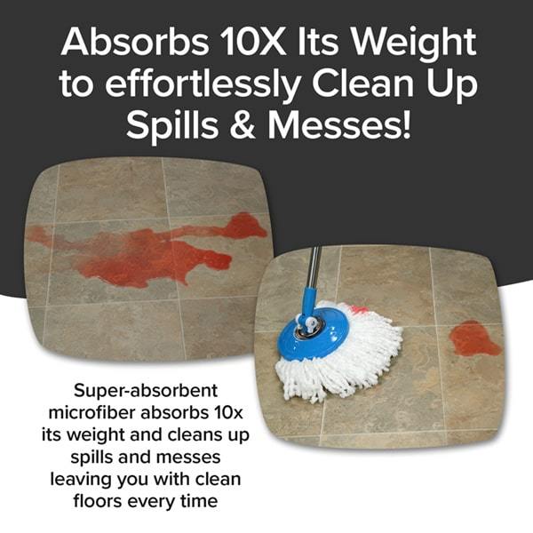 Hurricane Spin Mop in use on floor cleaning up a red liquid. Text says Absorbs ten times its weight to effortlessly clean up spills and messes! Super absorbent micorfiber absorbs ten times its weight and cleans up spills and messes leaving you with clean floor every time