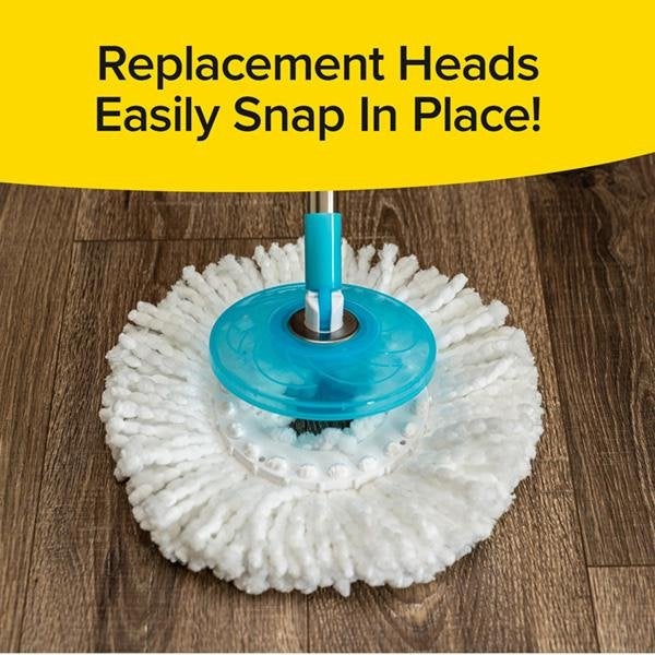 Demonstration of Hurricane Spin Mop handle snapping into place on a replacement head. Text says Replacement Heads Easily Snap In Place!