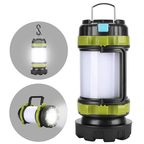 Green and black camping lantern to the right with two gray insets to the left showing the lantnern light and flashlight; isolated on white background.