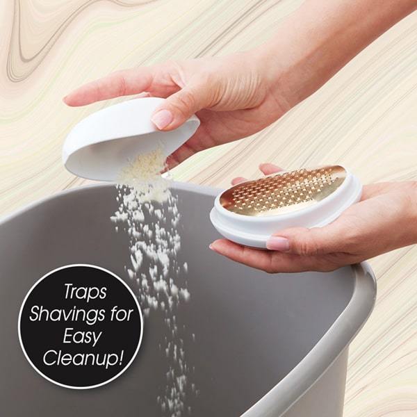 Woman emptying shavings from PedEgg Easy Curve Foot File into garbage. Headline says traps shavings for easy cleanup