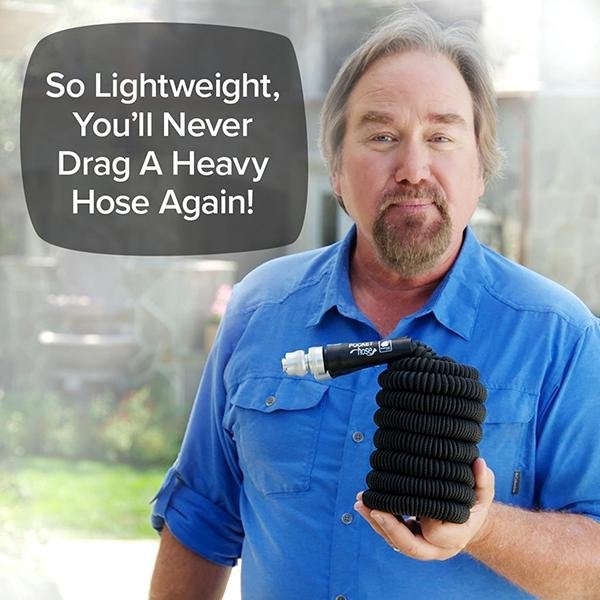 Richard Carn holding Pocket Hose Silver Bullet. Text says So lightweight, you'll never drag a heavy hose again!