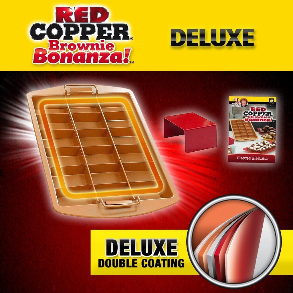 Red Copper Brownie Bonanza Pan, cookbook. Headlines say Red Copper Brownie Bonanza, Deluxe, Deluxe Double Coating