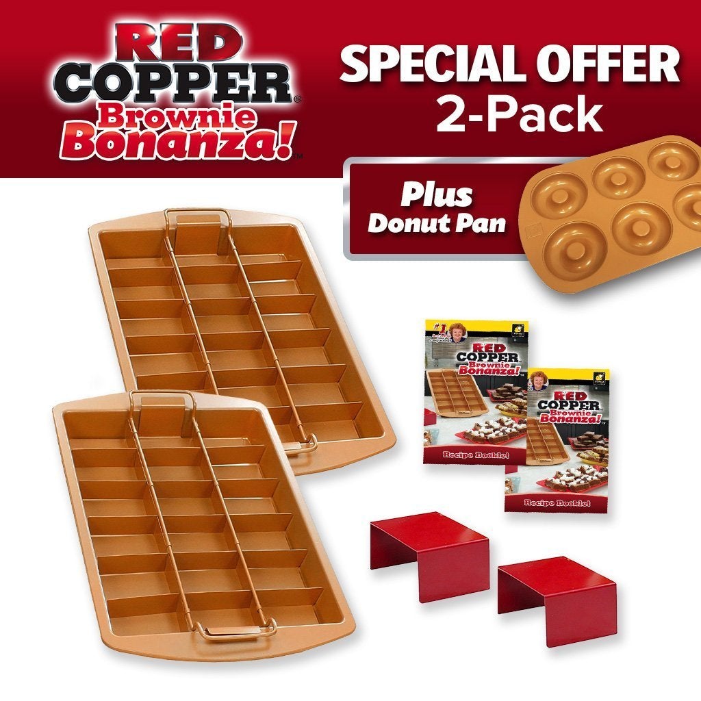 Two Red Copper Brownie Bonanza Pans, Two cookbooks, Donut Pan. Headlines say Red Copper Brownie Bonanza, Special Offer Two Pack, Plus Donut Pan