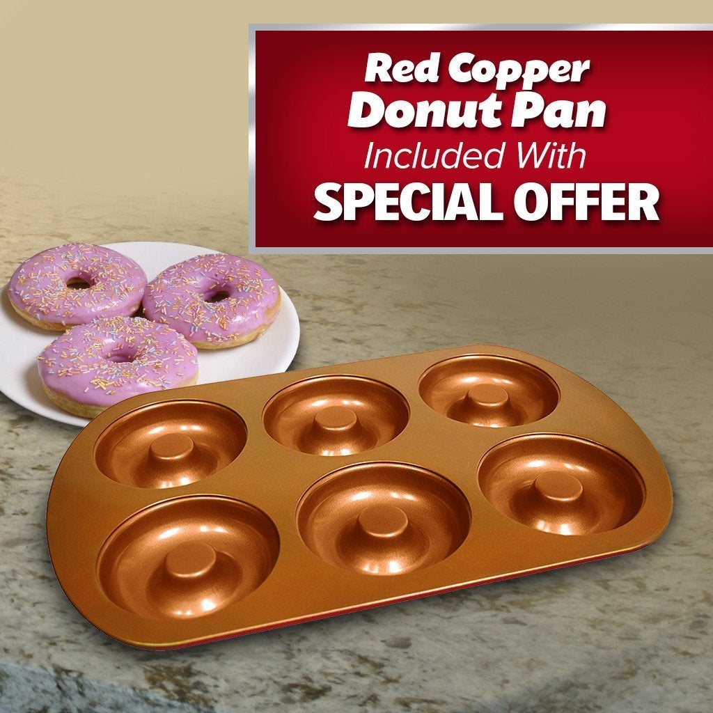 Red Copper Donut Pan. Plate of donuts. Headline says Red Copper Donut Pan Included With Special Offer