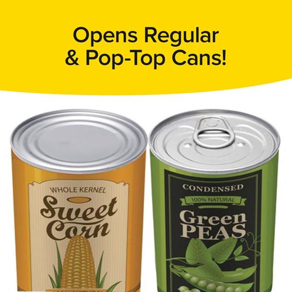 Two different cans. Text says Opens regular and pop top cans