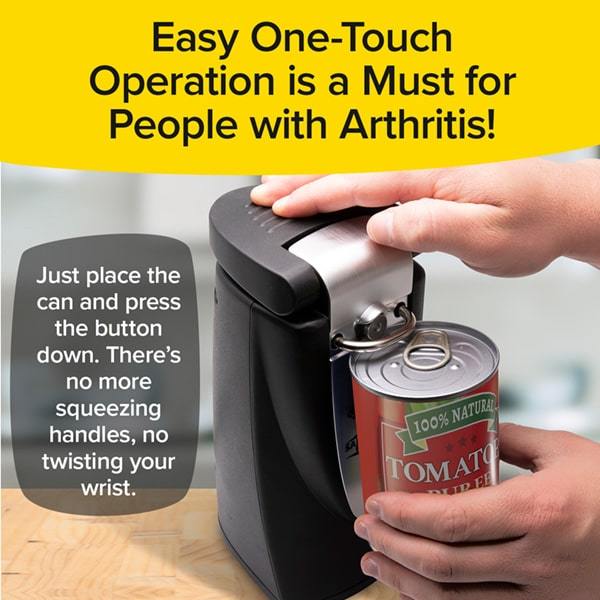 Safety Can Express in use. Headlines say Easy one touch operation is a must for people with arthritis. Just place the can and press the button down, there's no more squeezing handles, no twisting your wrist