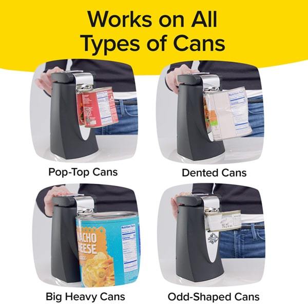 Four images of Safety Can Express with different types of cans on it. Text says Works on all types of cans, pop top cans, dented cans, big heavy cans, odd shaped cans