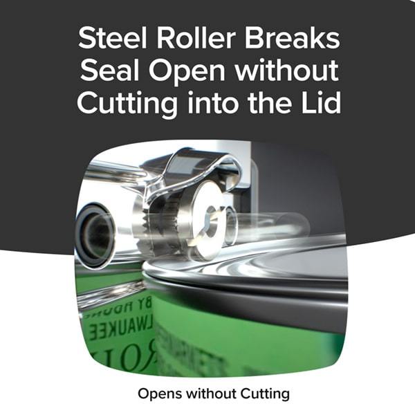 Close up of Safety Can Express cutting lid. Text says Steel Roller Breaks Seal Open Without Cutting Into The Lid