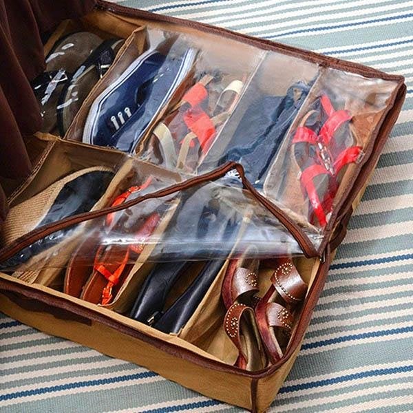 Shoes Under Shoe Organizer with shoes in pockets on floor