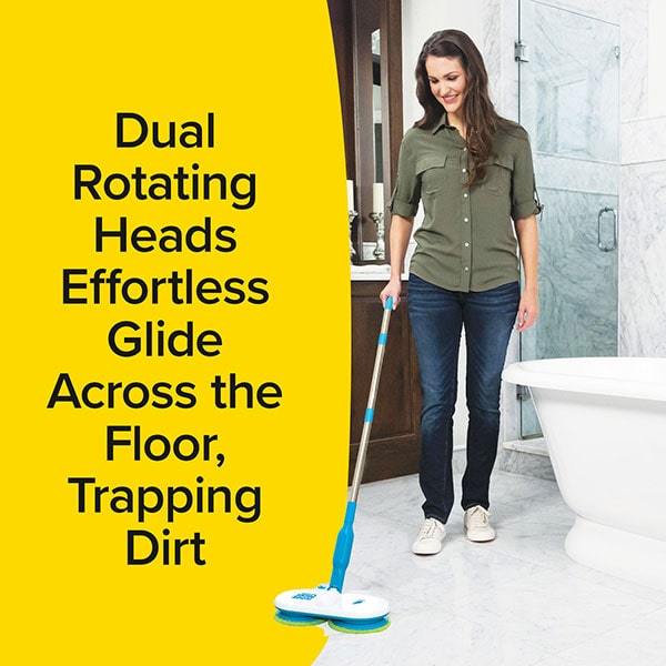 Woman using Floor Police on bathroom floor. Text says "Dual rotating heads effortless glide across the floor, trapping dirt"