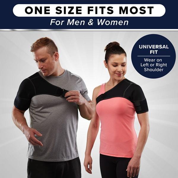 Man and woman wearing Shoulder Saver. Headline says One size fits most for men and women, universal fit, wear on left or right shoulder