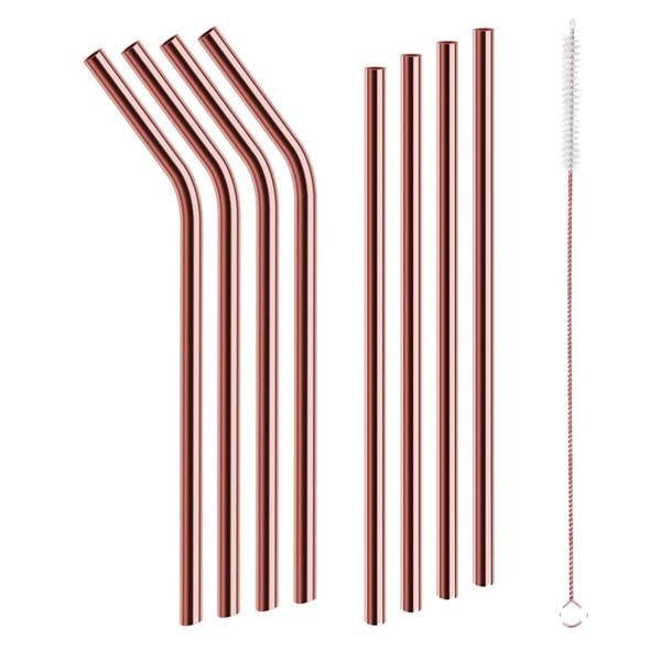 Red Copper Straws and cleaning brush isolated on white background