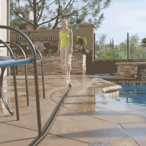 Animated image of a woman watching a Pocket Hose Silver Bullet spray the area around her pool as it coils back on its own