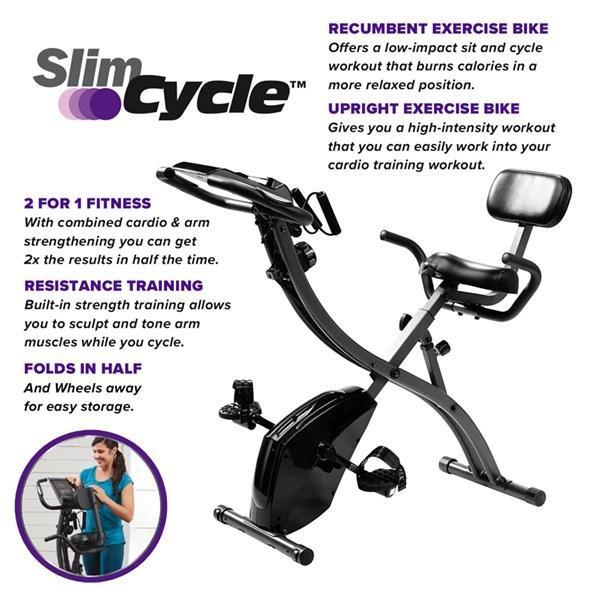 Slim Cycle on white background. Text says "2 For 1 Fitness, Resistance Training, Folds in Half, Recumbent Exercise Bike, Upright Exercise Bike"