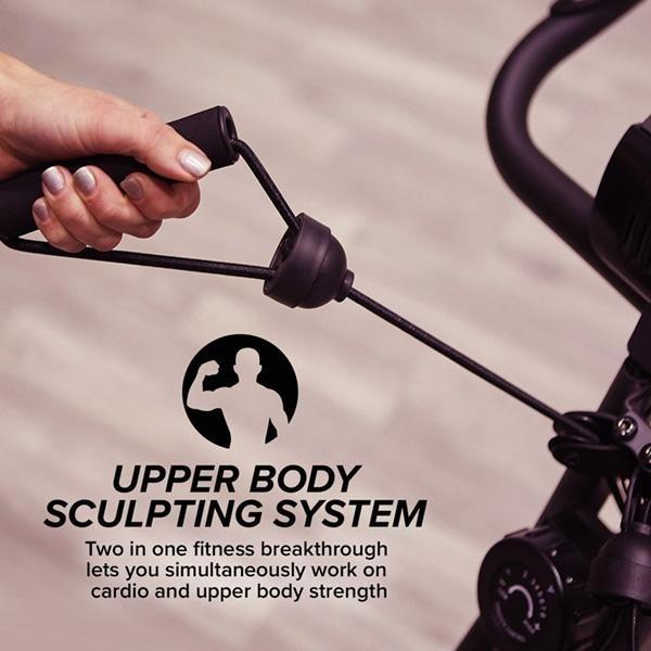 Close up of woman pulling on resistance band on Slim Cycle. Text says "Upper Body Sculpting System. Two in one fitness breakthrough lets you simultaneously work on cardio and upper body strength."