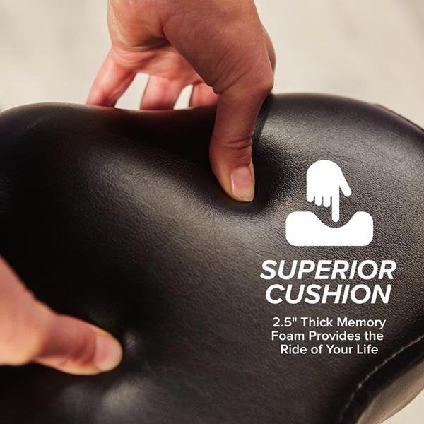 Close up of woman holding seat of a Slim Cycle. Text says "Superior Cushion, 2.5" Thick Memory Foam Provides the Ride of Your Life"