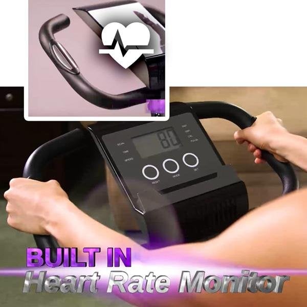 Close up of woman's hands holding the heart rate monitor bars. Text says "Built in Heart rate monitor"