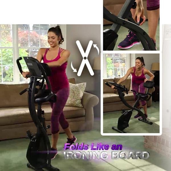 Multiple images of a woman closing a Slim Cycle. Text says "Folds like an ironing board"