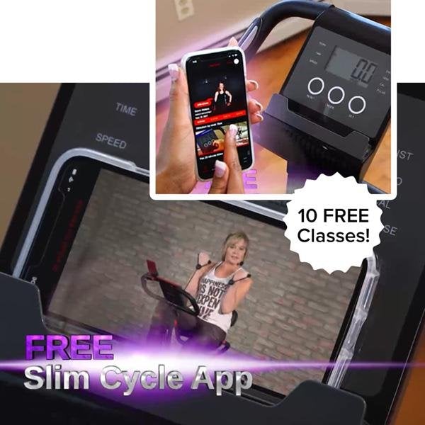 Close up of phone resting on a Slim Cycle playing video of class. Text says "Free Slim Cycle App, 10 Free Classes"