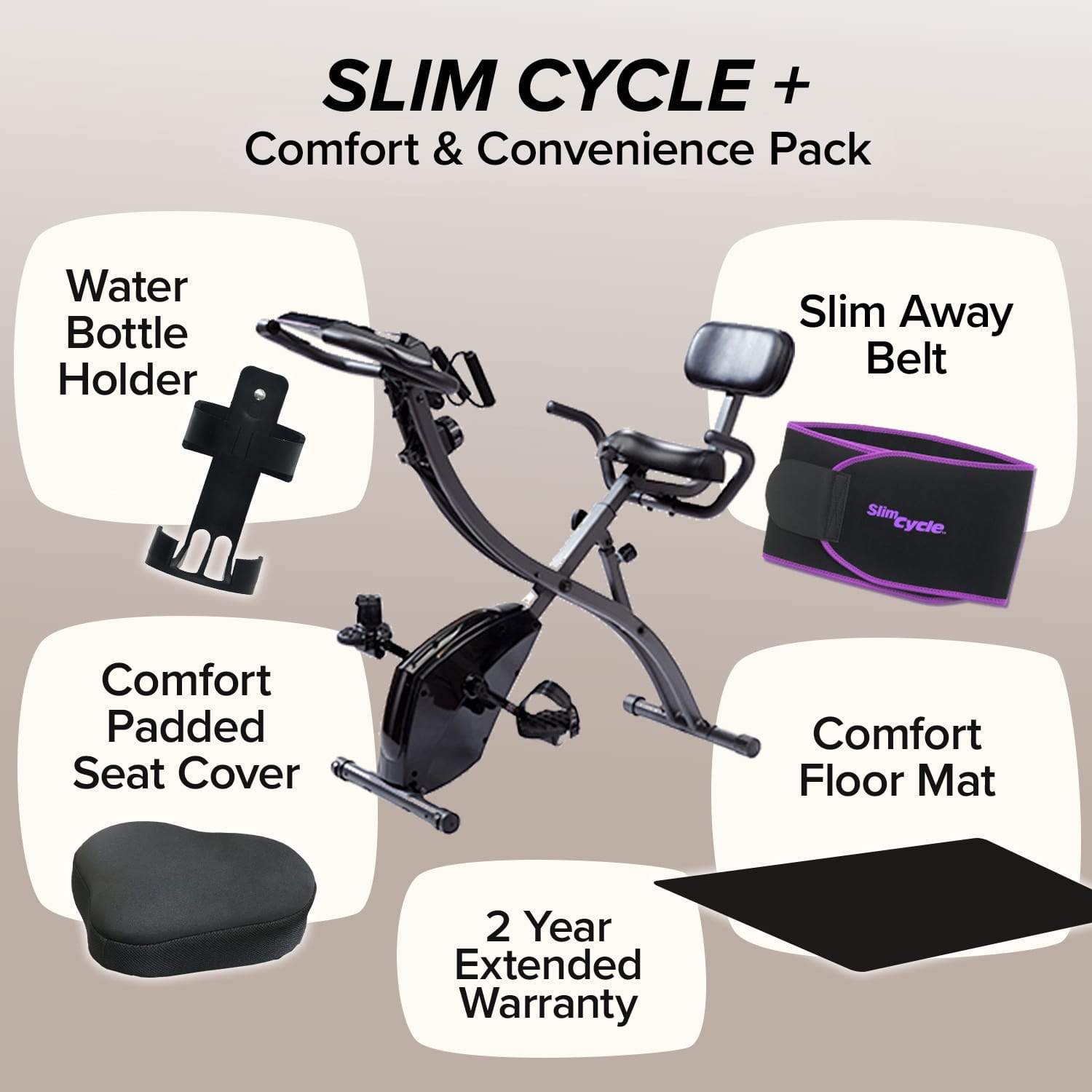 Images of a Slim Cycle, Water Bottle Holder, Padded Seat Cover, Slim Away Belt, and Comfort Floor Mat on tan background. Text says "Slim Cycle + Comfort & Convenience Pack, 2 Year Extended Warranty"