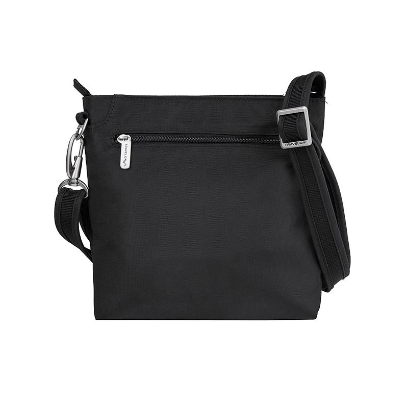 Backside of black Travelon Anti-Theft Classic Mini Shoulder Bag isolated on white background