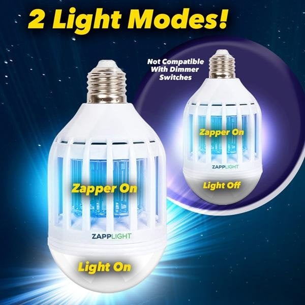 Demonstration of ZappLight with the Zapper on and the light on and off. Headlines say Two Light Modes. Zapper on, Light Off, Zapper on, Light on, Not compatible with dimmer switches