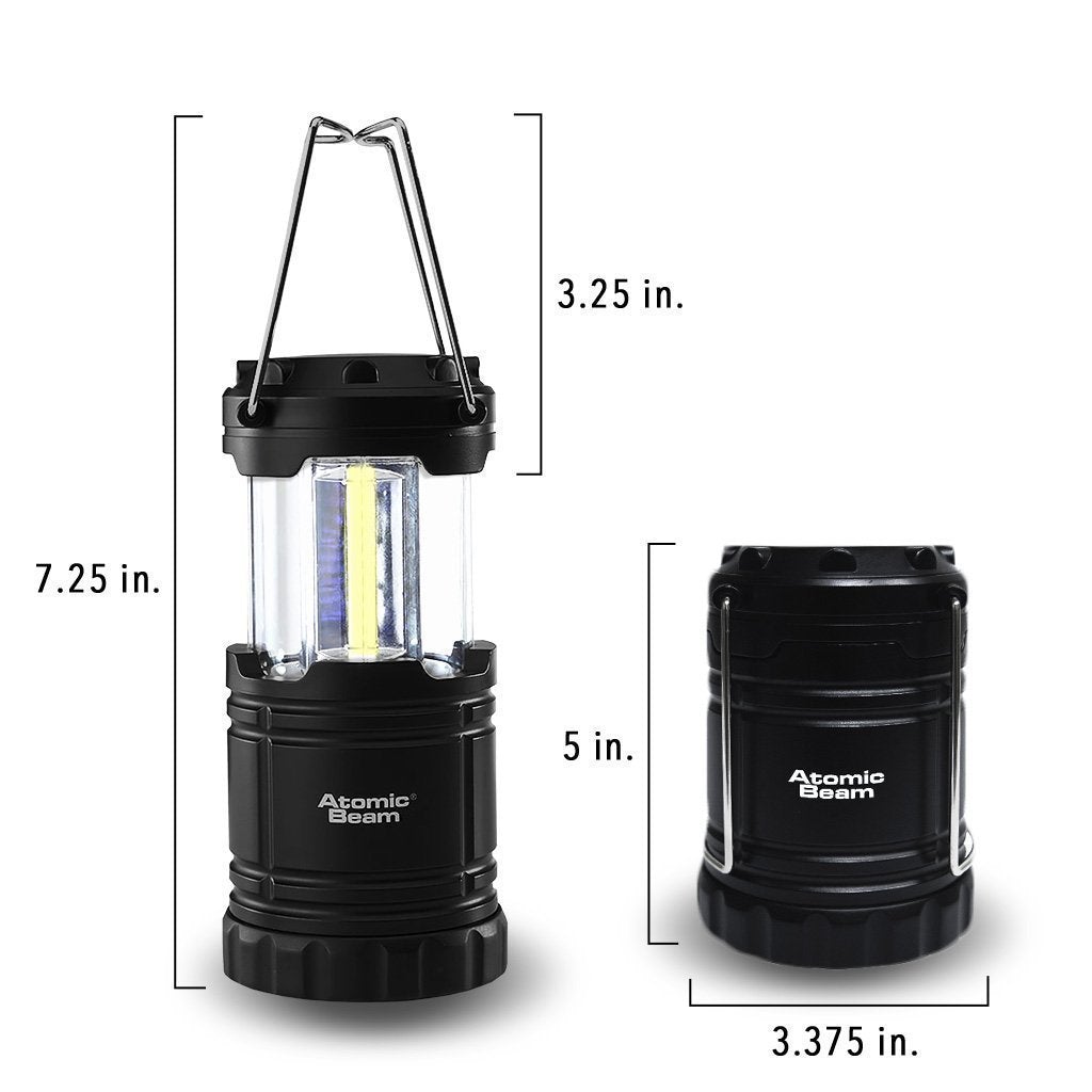 An Atomic Beam Lantern fully extended next to an Atomic Beam Lantern that's closed isolated on a white background. The measurements for the length and width of the the extended vs the closed are displayed