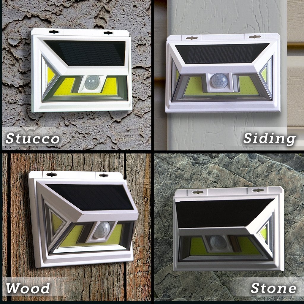 Atomic Beam SunBlast Motion Sensor Light on different wall types, stucco, siding, wood and stone