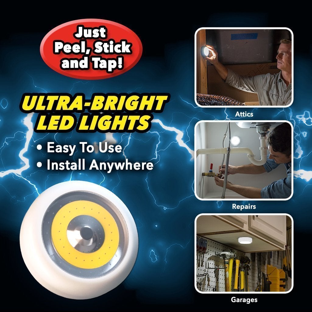 Infographic showing multiple images of Atomic Beam Taplight in different settings. A man putting it onto a wall in an attic, a man repairing a faucet using the light from an Atomic Beam Taplight on the wall, an Atomic Beam Taplight lit up on the ceiling of a garage. Text says Just Peel, Stick and Tap! Ultra Bright LED Lights, Easy to use, install anywhere