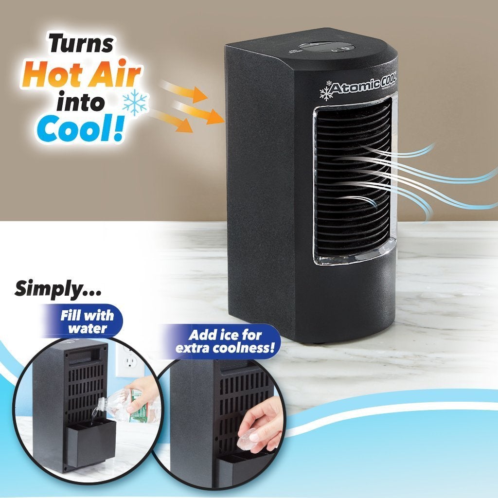 Atomic Cool Portable Personal Cooling System infographic turns hot air into cool