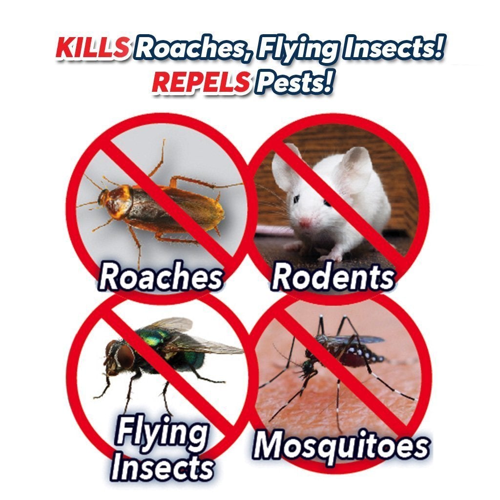 Different images of insects and rodents. Text says kills roaches, flying insects! Repels pests!