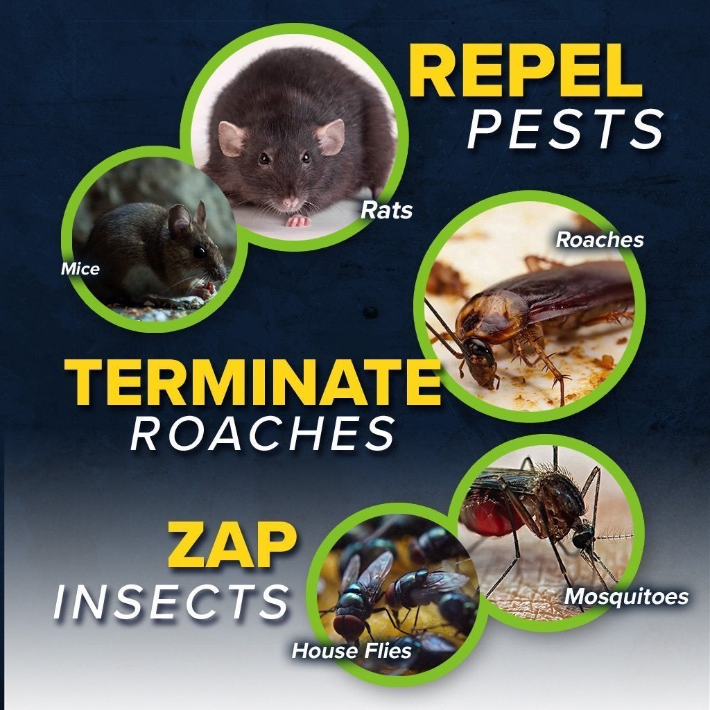 Images of different rodents and insects. Text says Atomic Zapper repel pests, terminates roaches and zap insects