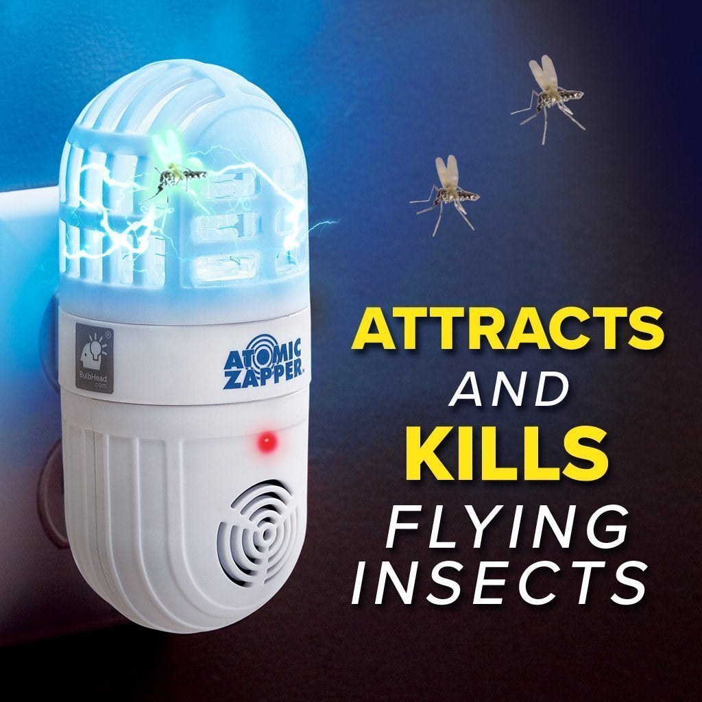Atomic Zapper plugged into outlet with light on and insects are flying around it. Text says Attracts and kills flying insects