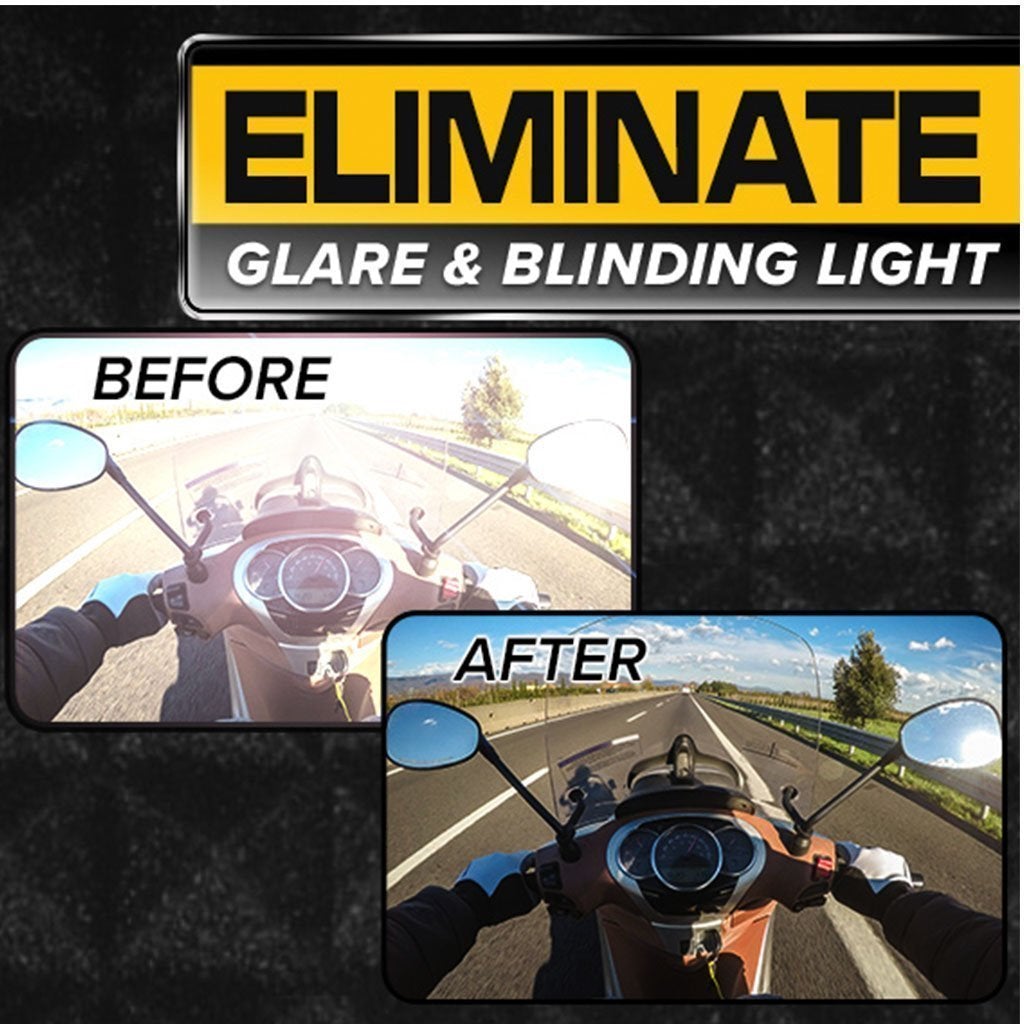 Before and after images of a first person perspective on a motorcycle wearing Battle Vision. Text says eliminate glare and blinding light, before and after