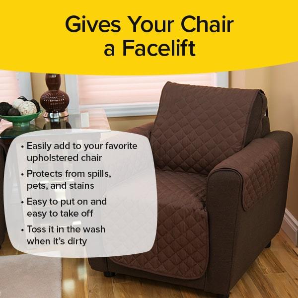 Brown Couch Coat laid on a lounge chair. Text says Gives Your Chair A Facelift