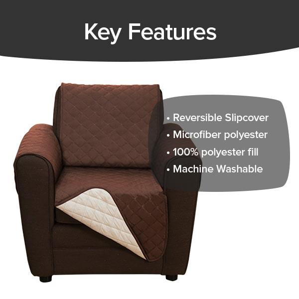 Brown Couch Coat laid on a lounge chair. Text says Key Features: Reversible Slipcover, Microfiber polyester, One hundred percent polyester fill, Machine Washable