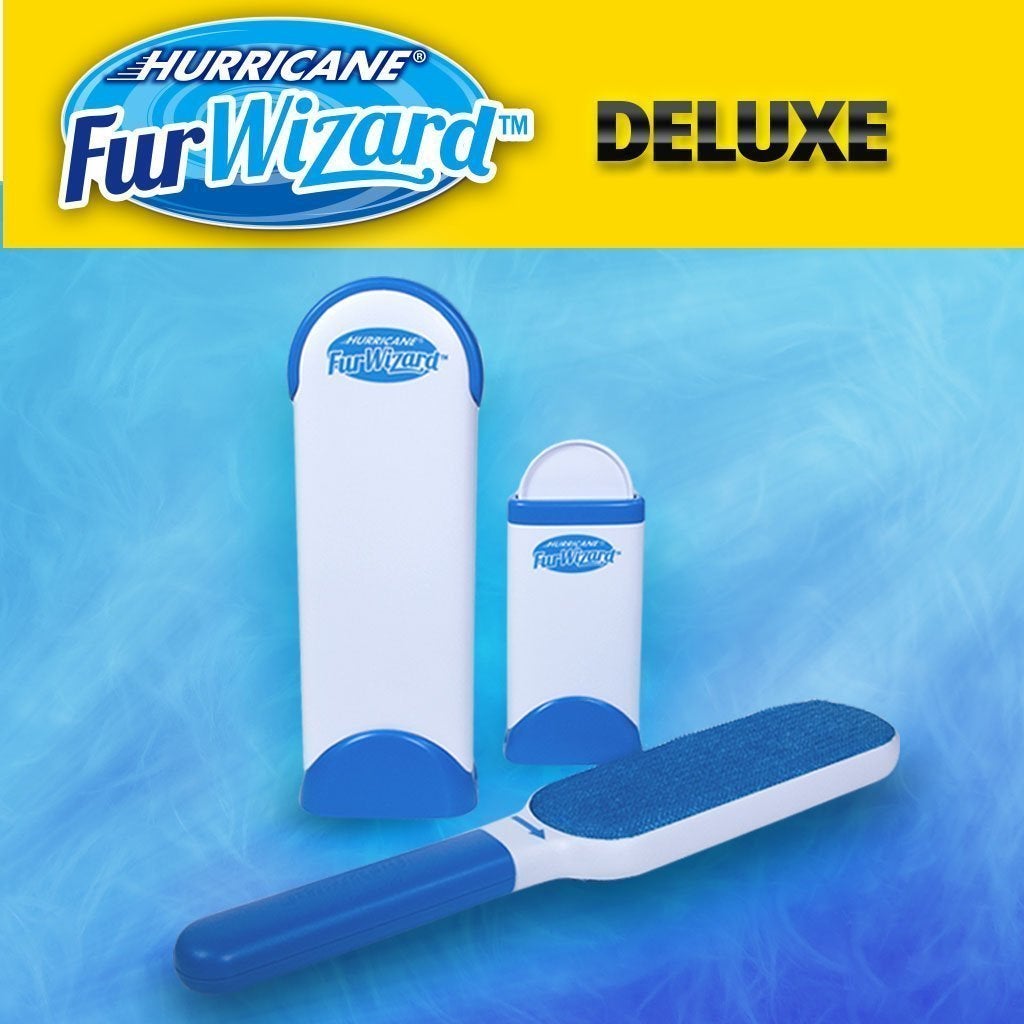 Deluxe Hurricane Fur Wizard on blue background. Text says Hurricane Fur Wizard Deluxe