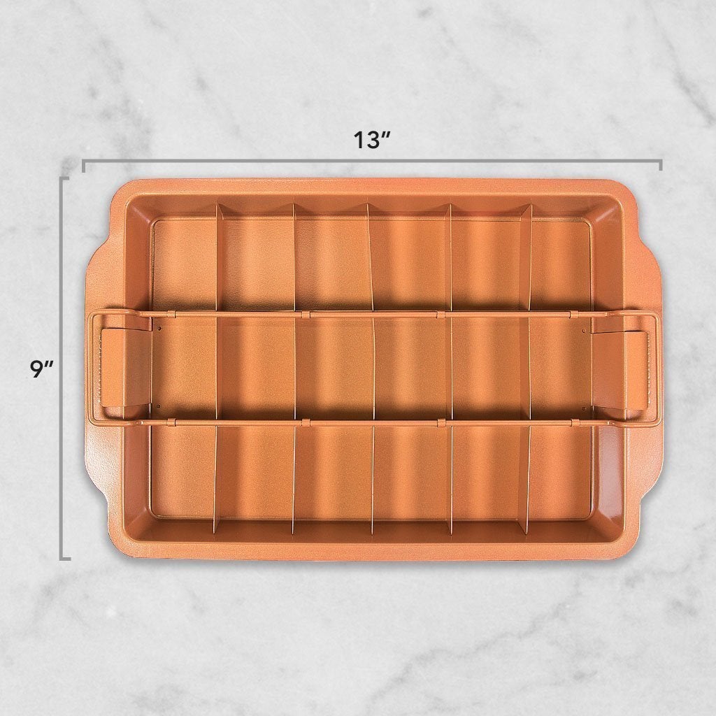 Red Copper Brownie Bonanza Pan and its measurements. 13x9